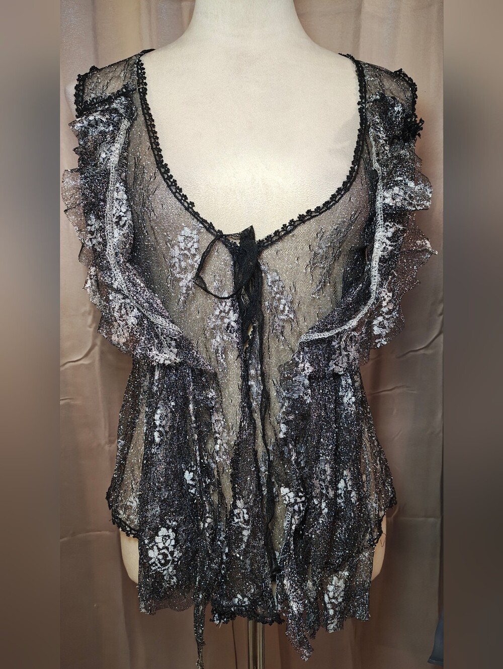 Whimsigoth Black & Silver Metallic Open Front & Waterfall Ruffle Blouse.